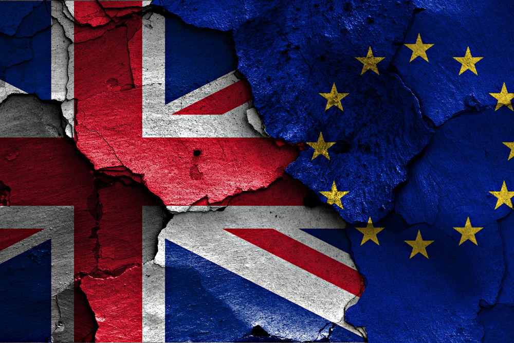 British flag split with EU flag