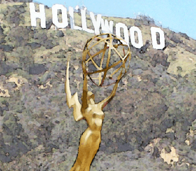 Emmy Award in front of Hollywood sign